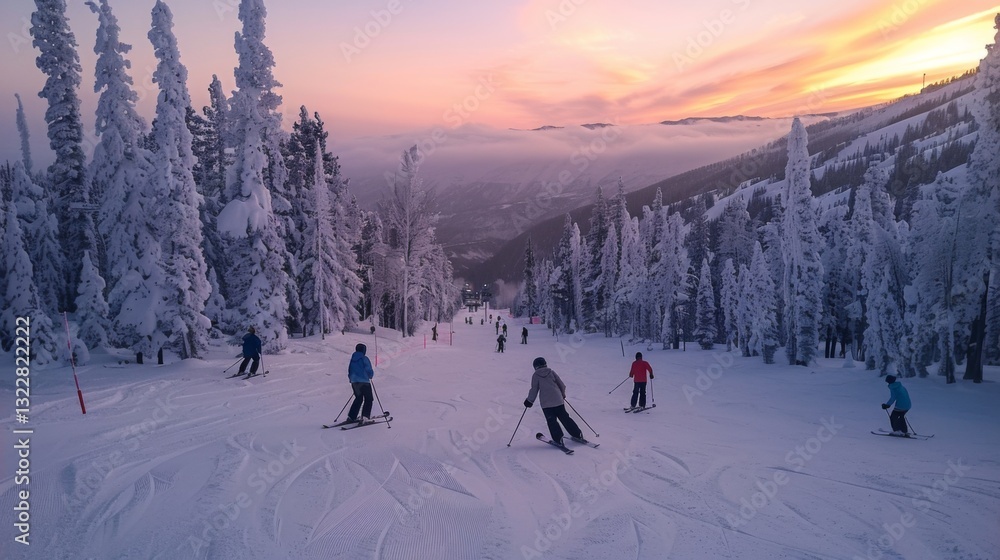 Aufkleber Various skiers navigate down a snow covered slope surrounded by tall, frosty trees as the sun sets, creating a vibrant backdrop and serene atmosphere.