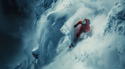 A skilled snowboarder descends a steep snow covered slope, surrounded by majestic mountains under a bright sky. Snow flies around as they carve through the fresh powder.