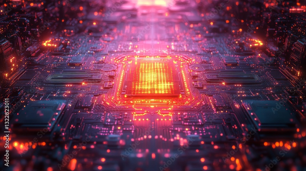 Poster A close-up view showcases a quantum computing circuit board illuminated by vibrant orange and purple lights. The intricate design highlights the complex arrangement of qubits and connections.