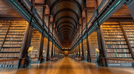 A captivating aerial view of an expansive library featuring towering bookshelves filled with colorful books, complemented by a warm, polished wooden floor that enhances the inviting atmosphere.