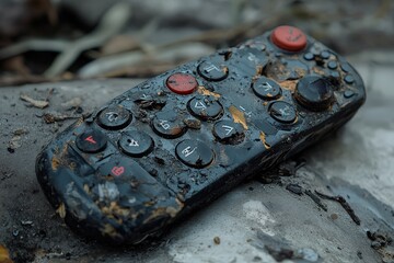 Remote Control Found in Disrepair With Missing Buttons and Cracked Casing, Resting on a Weathered Surface