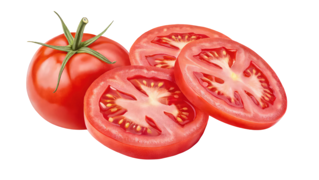Fresh sliced tomato with juicy red texture on transparent background PNG
