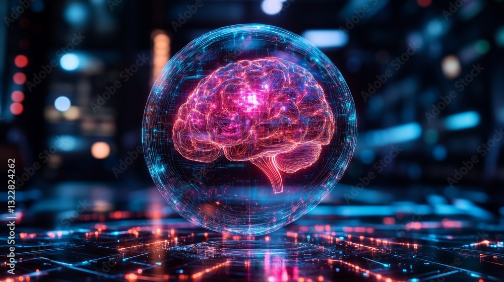 Poster A visualization of a glowing brain representation encapsulated in a transparent sphere amidst a digital backdrop.