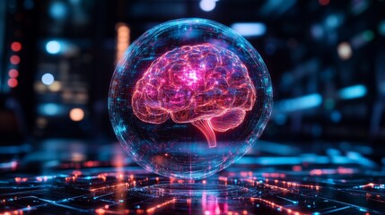 A visualization of a glowing brain representation encapsulated in a transparent sphere amidst a digital backdrop.