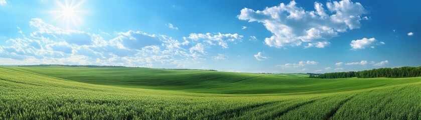Fototapeta premium Aerial view of a vibrant green field, dotted with wildflowers, under a bright blue sky adorned with fluffy white clouds, creating a serene and picturesque landscape.