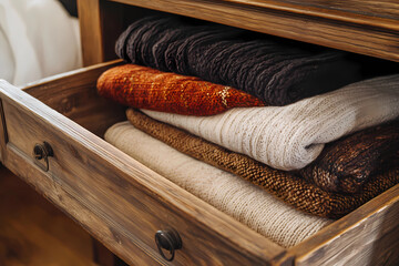 Open pull-out drawer in a rustic dresser with neatly organized contents that epitomize vintage charm