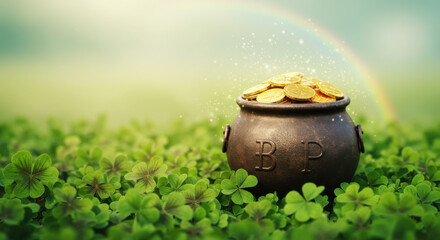 A Magical Pot Of Gold Surrounded By Vibrant Clovers Under A Glowing Rainbow Soft Focus