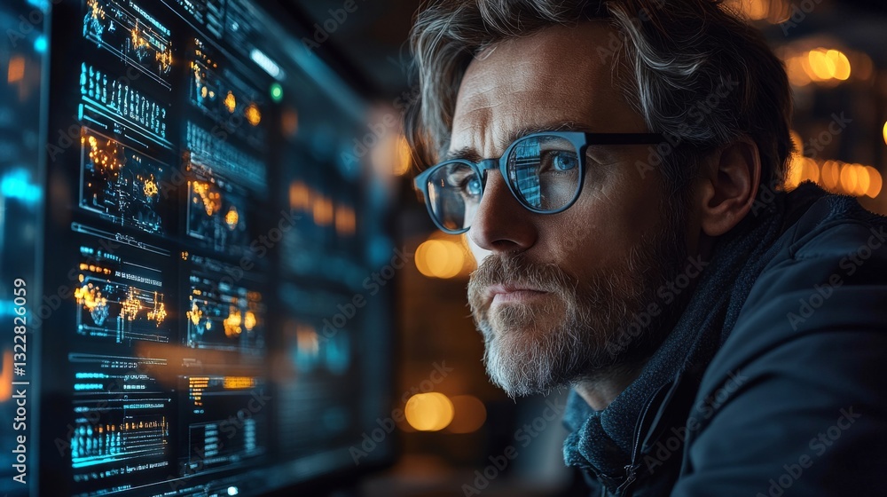 Poster A researcher focuses intently on complex quantum algorithms displayed on multiple monitors, analyzing data to enhance neural network optimization and regression techniques in a dimly lit workspace.