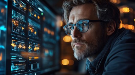 A researcher focuses intently on complex quantum algorithms displayed on multiple monitors, analyzing data to enhance neural network optimization and regression techniques in a dimly lit workspace.