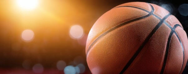 A close up image of a basketball with bright lights - obrazy, fototapety, plakaty
