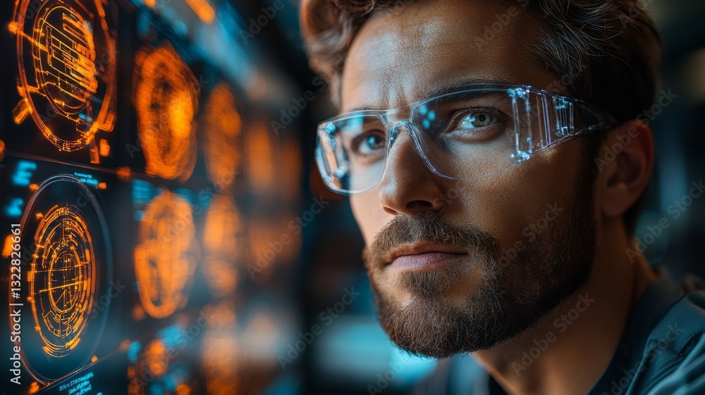 Poster a researcher concentrates on quantum mechanics simulations, analyzing complex data on energy, superp