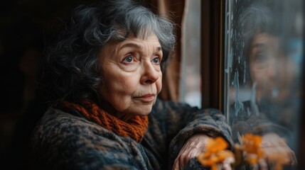 Obraz premium Elderly Woman Gazing Nostalgically Through a Window on a Winter Day