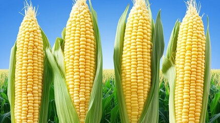 Four Ripe Yellow Corn Ears in a Green Field Under a Blue Sky