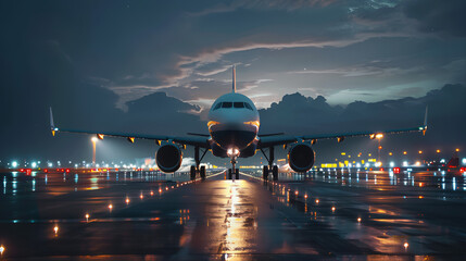 Airplane landing at sunset, Plane about to takeoff  at the airport runaway at sunset