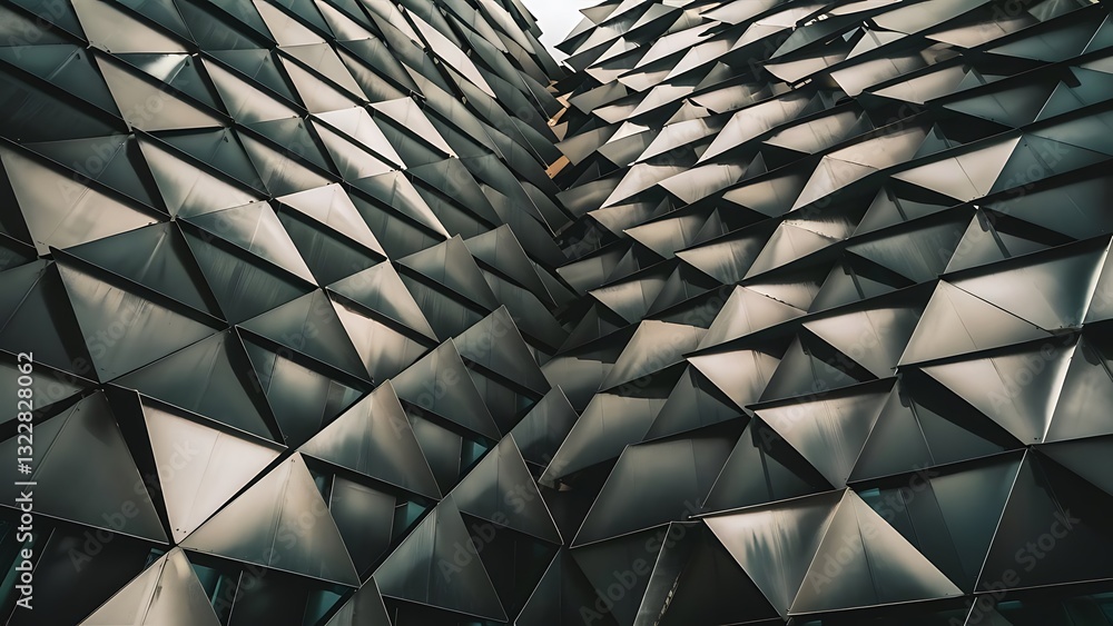 Poster a metal wall made of many triangles. triangles with sharp corners and gradient transitions.