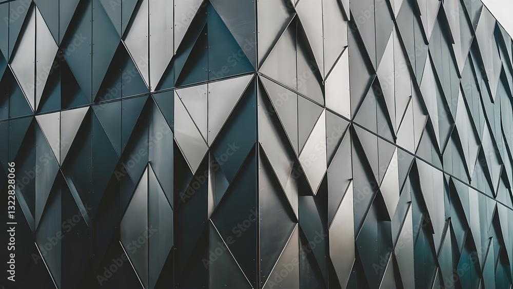 Poster a metal wall made of many triangles. triangles with sharp corners and gradient transitions.