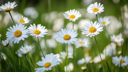 A vast meadow filled with countless white daisies swaying in the gentle breeze, creating a serene, natural landscape.