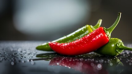 Fresh Chili Peppers with Water Droplets on Dark Surface