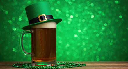 A Photo Of A Beer Mug Adorned With Green Leprechaun Hat Surrounded By Sparkling Green Background