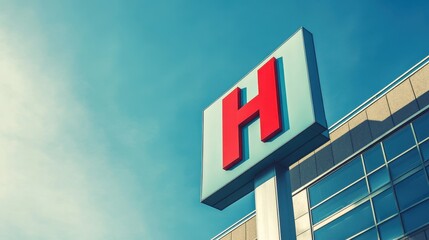 Naklejka premium A vibrant blue sky serves as the backdrop for a prominent, well-lit sign displaying the word 