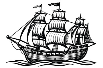 Vintage old pirate ship sketch hand drawn in engraving style