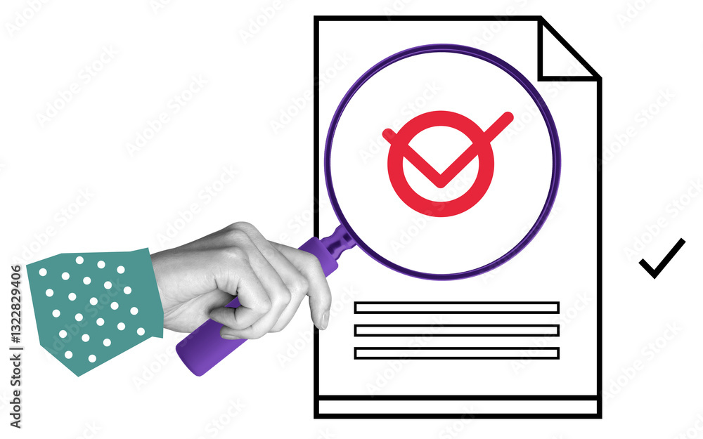 Poster hand holding magnifying glass focusing on a document with a red approval check mark, isolated on a w