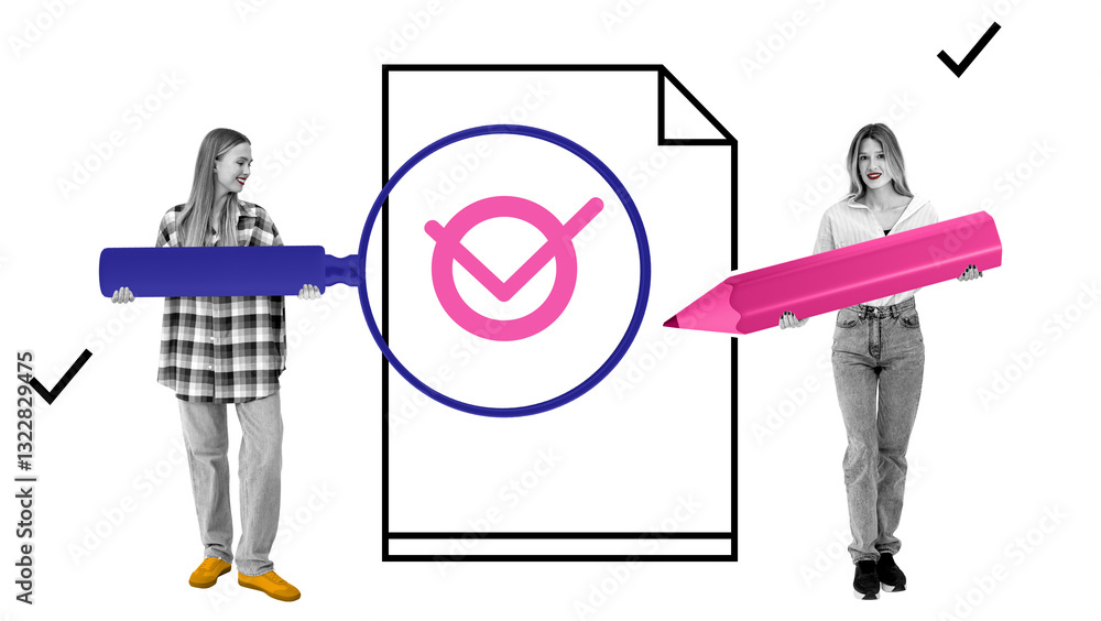 Poster two women with oversized pen and marker stand by a document icon with a check mark, symbolizing appr