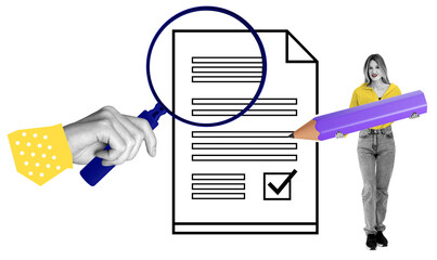 A conceptual collage featuring a document with a checkbox, a magnifying glass, a giant pencil, and...