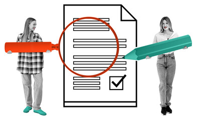 Two women holding large marker and pencil near document with magnifying glass, check box, and text...