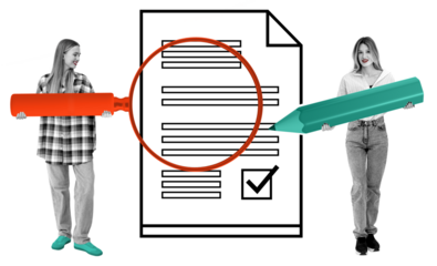 Two women holding large marker and pencil near document with magnifying glass, check box, and text lines on white background, concept of document review