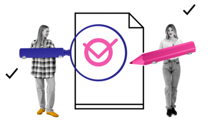 Two women with oversized pen and marker stand by a document icon with a check mark, symbolizing approval and validation on a white background
