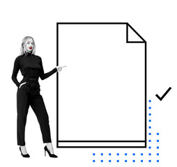 Businesswoman in formal attire pointing at a large digital document template with a check box,...