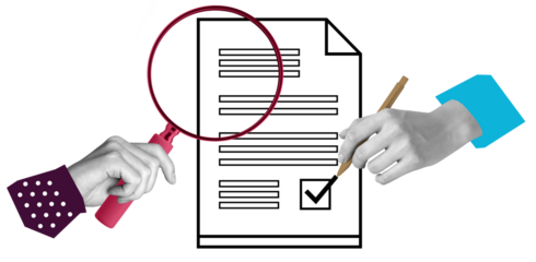 Hands analyzing and signing a document with a magnifying glass and pen, isolated on white background. Concept of document review, approval, and verification