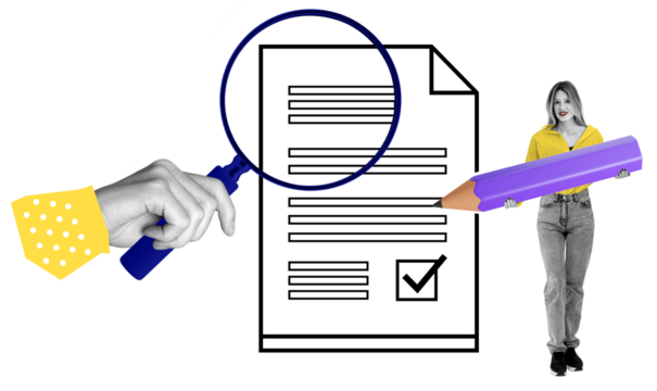 A conceptual collage featuring a document with a checkbox, a magnifying glass, a giant pencil, and a woman holding it, all isolated on a white background