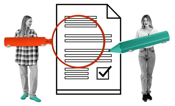 Two women holding large marker and pencil near document with magnifying glass, check box, and text lines on white background, concept of document review - Powered by Adobe