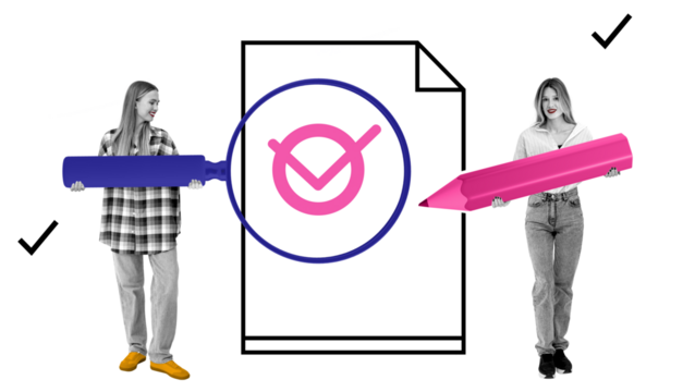 Two women with oversized pen and marker stand by a document icon with a check mark, symbolizing approval and validation on a white background