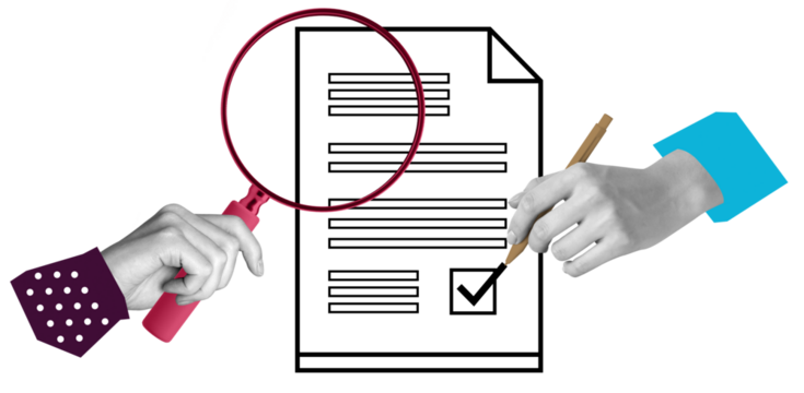 Hands analyzing and signing a document with a magnifying glass and pen, isolated on white background. Concept of document review, approval, and verification