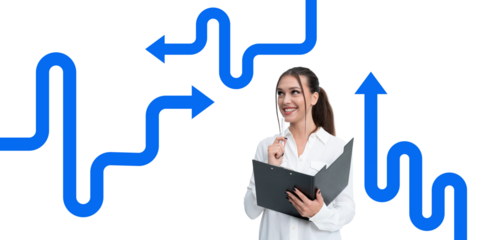 Businesswoman holding clipboard and pen, looking at abstract blue arrows on a white background. Concept of decision-making, planning, and strategy
