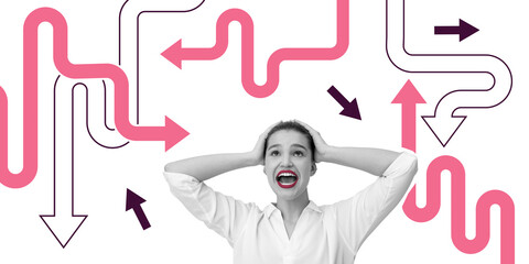 Woman in white shirt holding head in distress, surrounded by pink and purple arrows on white background. Concept of confusion, decision-making, and stress