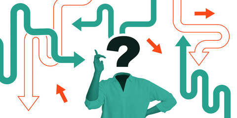 Headless person with a question mark instead of a head, surrounded by curving arrows in green and orange on a white background. Concept of confusion and decision-making