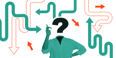 Headless person with a question mark instead of a head, surrounded by curving arrows in green and orange on a white background. Concept of confusion and decision-making