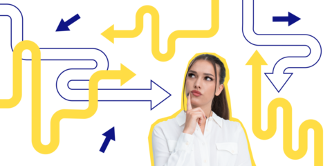 Thoughtful woman in white shirt with hand on chin, surrounded by abstract yellow and blue arrows and curved lines on white background. Concept of decision-making