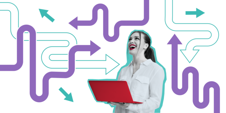 Woman with red laptop smiling, surrounded by abstract purple and teal arrows on a white background. Concept of decision-making, strategy, and success