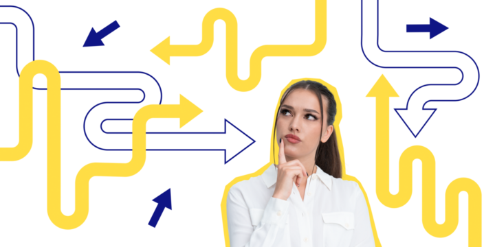 Thoughtful woman in white shirt with hand on chin, surrounded by abstract yellow and blue arrows and curved lines on white background. Concept of decision-making