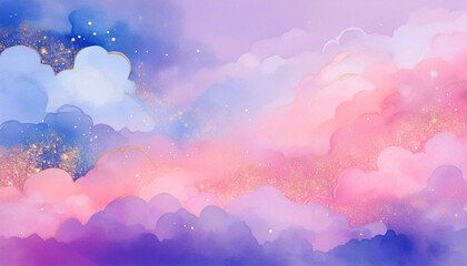 水彩画、キラキラした幻想的な雲のイラスト背景
