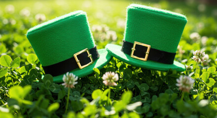A Photo Of A Vibrant Green Leprechaun Hat Resting Among Clover Flowers In Sunlight