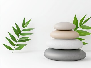 A serene stack of smooth stones with green leaves on a minimalist background