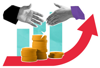 Business deal concept with handshake, stacked gold coins, red rising arrow, and broken coin....