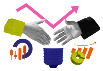 Two hands reaching for a handshake with financial graphs, charts, and symbols in bold colors on a white background. Concept of business agreement and growth