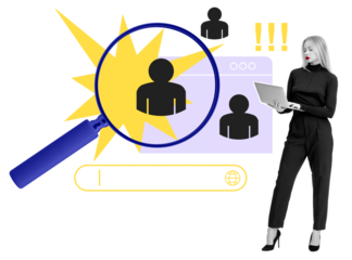 Businesswoman with laptop analyzing candidate search, magnifying glass highlighting icon, recruitment and HR concept, modern digital hiring illustration